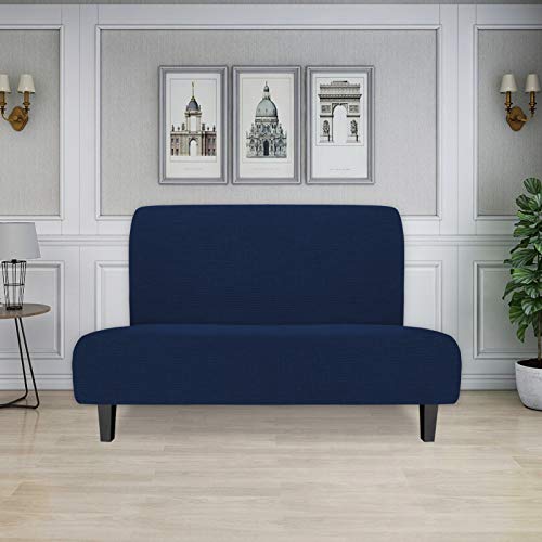 Image of Easy-Going Stretch Medium Futon Slipcover Armless Futon Cover Navy | Sofa Bed Furniture Protector Without Armrests with Elastic Bottom for Kids, Soft Jacquard Machine Washable