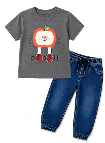 Image of Bold N Elegant Toddler Boys Clothing Set Apple Print T-Shirt with Denim Jogger Pants | Kids Casual Summer Outfit Set | Soft Cotton Tee & Elastic Waist Jeans