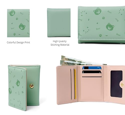 Image of INOVERA (LABEL) Wallets for Women, Girls - Stylish Card, Coin Holder Mini Cute Bear Pattern Purse - Small Hand Wallet (Green)