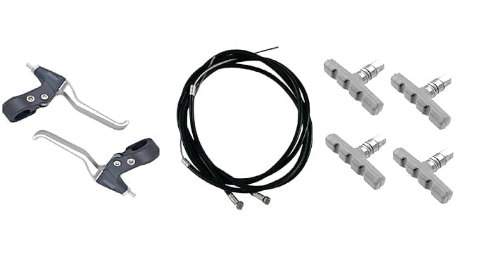 PTC Cycle V-Brake Accessories Power Brakes Components || Alloy Clutch Set Silver + Friction Free Long Wire Set + Brake Pads 4 Pcs