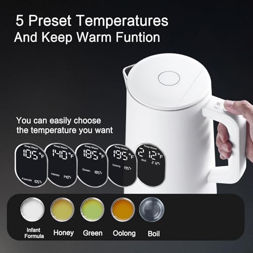 Image of 1.5L Electric Kettle Stainless Steel, Double Wall Cool Touch Teapot, Fast Boil,5 Temperature Control, LED Display, Auto Shut-Off,Keep Warm Function (Porcelain White)