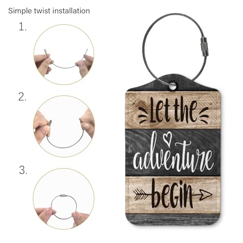 Couple Luggage Tags for Suitcases,Let The Adventure Begin 2 Pack Travel Suitcase Tags,Wood Stripes Traveling Accessories Baggage Tag Label with Steel Loop,Bride Groom Travel Gifts2