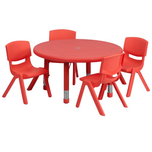 Flash Furniture Emmy 33'' Round Red Plastic Height Adjustable Activity Table Set with 4 Chairs