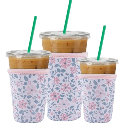 Image of 3 Packs Reusable Iced Coffee Sleeves - Flower Neoprene Cup Sleeve for Hot and Cold Drinks, Insulated Drink Sleeve for 16-32oz Soda Cans Beverages Water Bottles, Christmas Gift for Friends