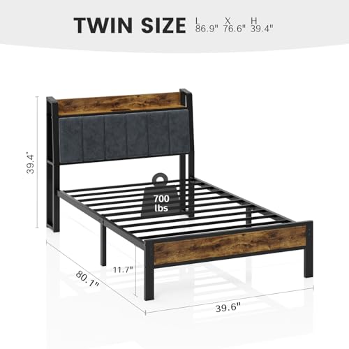 Image of Liians Twin Size Bed Frame with Storage Headboard and Charging Station, Smart RGB LED Lights, Metal Platform Bed with USB & Type-C Ports, Noise Free, Easy Assembly, No Box Spring Needed