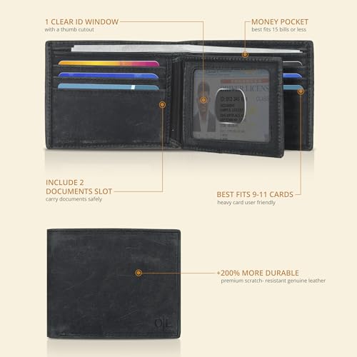 Image of Oak Leathers Leather Wallet for Men - RFID Bifold Wallets with 9 Credit Cards 1 ID Window Slim Minimalist Front Pocket Gift For Men