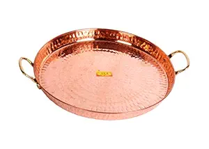 SHIV SHAKTI ARTS Handmade Pure Copper Big Cu Platter/Serving Plate Tray Hammered Design with Brass Handle Dinnerware, Homeware, Kitchenware::Set of 1