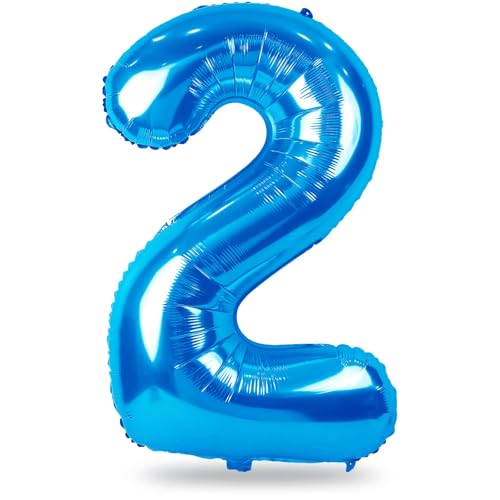 Blue 2 Balloons 40 Inch Large Foil Number Balloons Set 0-9 Self Inflating Digital 2 Helium Balloon for Boys Men 2nd 12th 20th Age Birthday Anniversary Party Decorations Photo Shoot Supplies
