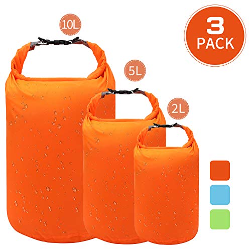 Waterproof Dry Bag Lightweight 3 Pack Set 2L 5L 10L Keep Gear Dry Clean,Roll Top Dry Compression Sacks Small Large for Kayaking,Rafting,Hiking,Swimming,Camping,Skiing,Sailing,Snowboarding (Orange)