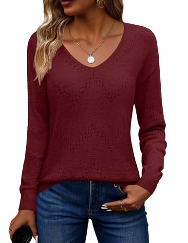 Image of Zeagoo Sweaters for Women Trendy Fashion Hollow Out Long Sleeve Business Casual Off Shoulder Pullover Sweaters Wine Red S