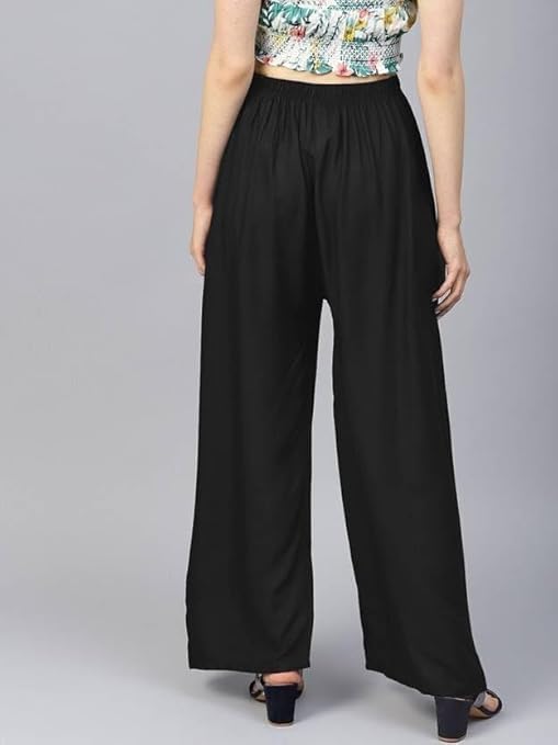 Image of Women's Solid Viscose Rayon Palazzo Pants | Wide Leg Loose Fit Trousers | Office, Casual Ethnic Bottom Wear | Combo Pack of 2