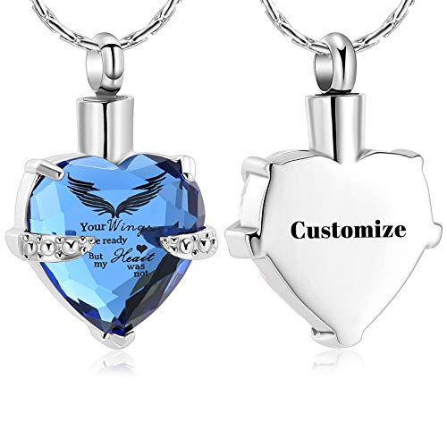 constantlife Heart Cremation Necklace for Ashes - Angel Wings Pattern Crystal Pendant Urn Memorial Jewelry - Engraved Your Wings were Ready But My Heart was Not
