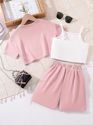 Image of Hilinker Girls 3 Piece Summer Outfits Graphic Crop Tee and Cami Top with Shorts Set Pink LOSANGELES-7-8Y
