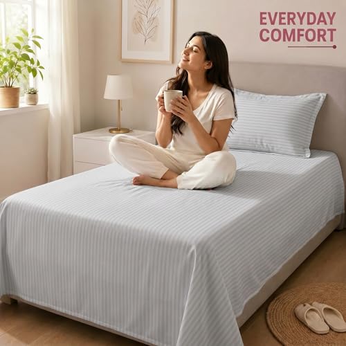 Image of Mafatlal Classic 210 TC 100% Cotton Single Bedsheet | 90 x 60 Inches | Premium Soft Fabric | Italian Stripes Design | Durable & Comfortable | Grey