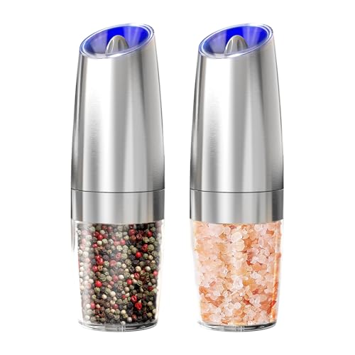 ELMWAY Battery-Powered Gravity Salt and Pepper Grinder Set of 2 – Electric Salt & Pepper Mills with Tilt-to-Start, Adjustable Coarseness, One-Hand Operation, LED, Stainless Steel(4 AAA Each Required)