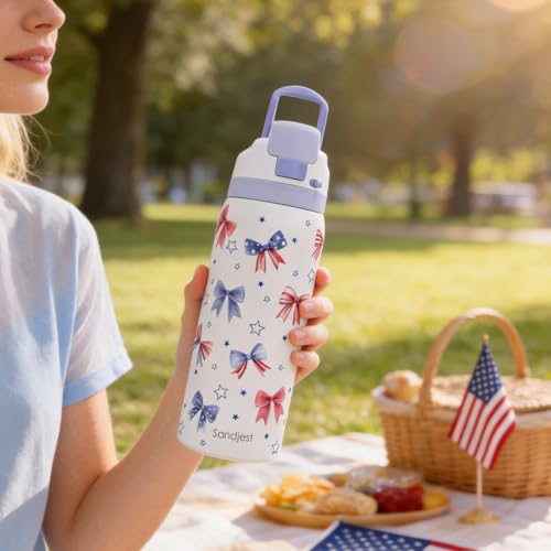 Image of American Flag Stainless Steel Water Bottle, Vacuum Insulated, Push-Button Lid, 32 oz, Gifts for Patriot 4th July, Women Girls Friends Teens Birthday Christmas