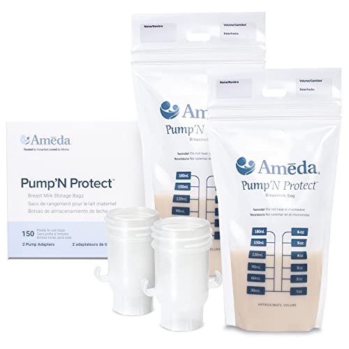 Image of Ameda Pump'N Protect Breastmilk Storage Bag 6oz | 150 Count + 2 Bag Adapters | Breast Milk Storage Bags for Refrigerator or Freezer | BPA Free | Breastfeeding Essentials | Breastfeeding Supplies