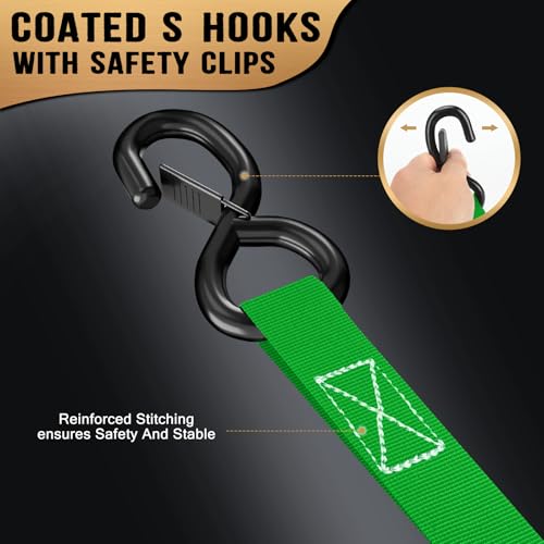 Image of Retractable Ratchet Straps (4-Pack) - 1 in x 10 Ft (1800 LB Break Strength) Heavy Duty Self Retracting Ratchet Straps with Soft Loops & Storage Bag for Household, Motorcycle, Truck, ATV(Green)