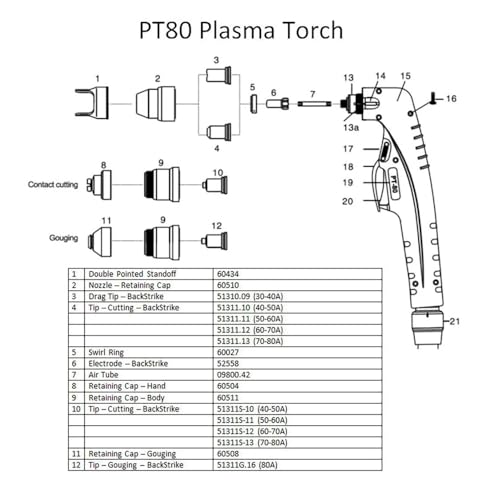Buse plasma 51311S.12 électrode 52558 torche PT-80 IPT consommables - 3