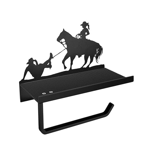 Western Toilet Paper Holder with Shelf, Rustic Farmhouse Toilet Paper Holder Funny Cowboy Bathroom Decor, Country Western Bathroom Accessories Metal Toilet Paper Roll Holder for Wall Mount Bathroom