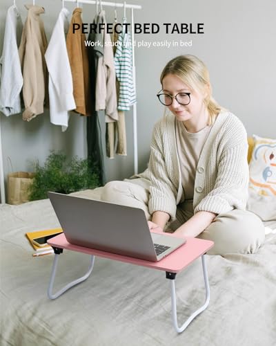 Image of Ruxury Foldable Lap Desk Laptop Stand Bed Desk Table Tray, Breakfast Serving Tray, Portable & Lightweight Mini Table, Lap Tablet Desk for Sofa Couch Floor - Pink