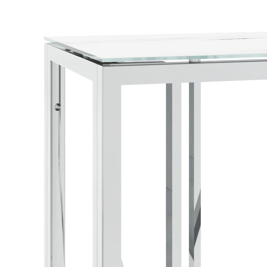Wąski stolik konsolowy, srebrny, 110 x 30 x 70 cm, ze stali nierdzewnej i szkła hartowanego o wyglądzie marmuru, nowoczesny stół do przedpokoju jako stolik pomocniczy lub stół wejściowy do