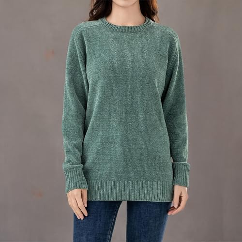 Image of Simple&Opulence Women's Chenille Sweater Crewneck Long Sleeve Pullover Ribbed Cuff Hem Round Neck Jumper Tops