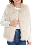 Flygo Girls Faux Fur Vest Kids Sleeveless Open Front Fluffy Jacket Warm Winter Fuzzy Waistcoat Outerwear with Pockets Beige 11/12Y