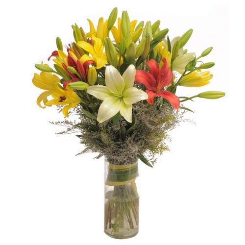 Floralbay Valentine's Day Special Fresh Flowers Premium Bunch of 7 Yellow, 3 Red and 2 White Asiatic Lilies in Glass Vase (Bunch of 12)