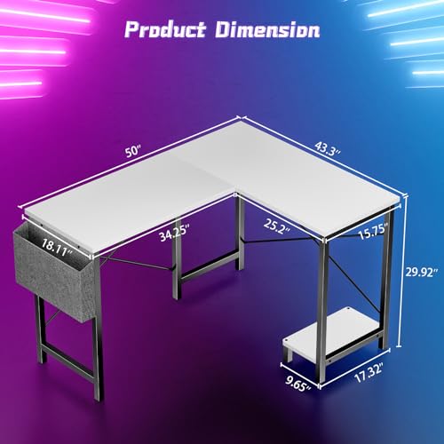 Wooden Computer Desk for Home Office and Gaming, White, 50 Inch