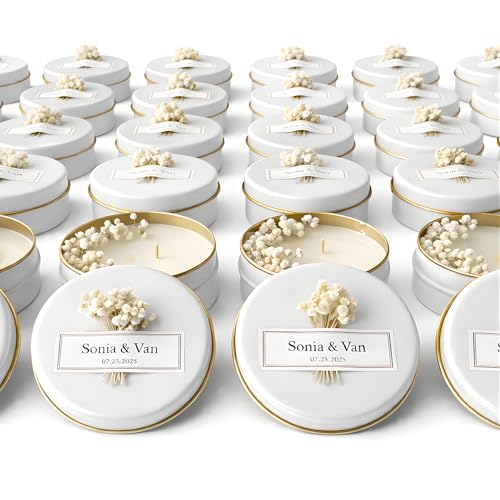 Personalized Scented Soy Wax Candle Favors with Dried Flowers White Tin Guest Gifts for Weddings Bridal & Baby Showers Bulk Sets (10200 Count)