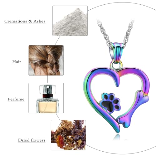 QGJNSGC Paw Print Urn Necklace Heart Locket Necklace for Ashes Dog Cat Charms Pendant Cremation Jewelry Cat Dog Keepsake Memorial Gifts for Women Girls (Rainbow) - Image 3