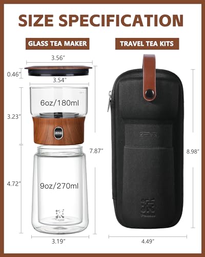 ZENS Modern Glass Infuser Teapot, One Touch Tea Maker for Loose Leaf Tea with Insulated Mug and Portable Case. Enchanted Pot Alternatives for Tea Lover Gifts
