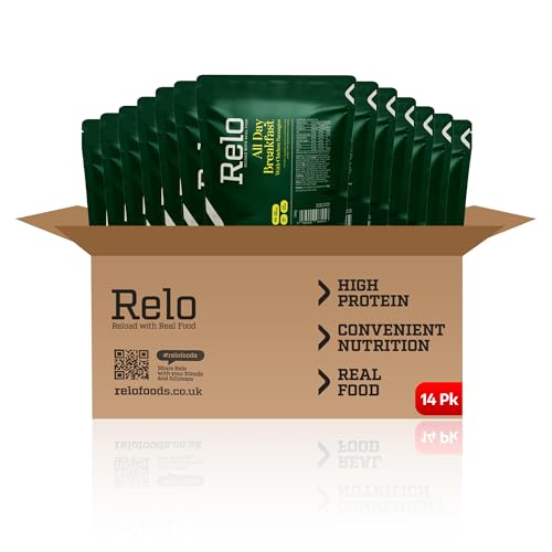 Relo All Day Breakfast | 350g Ready-to-Eat Survival Food Pouches | Camping Food Pouches with High-Protein (41g), High-Fibre, Low-Fat, Low-Sugar, Low-Cal, Low-Carb, Keto-Friendly (14 Pack)