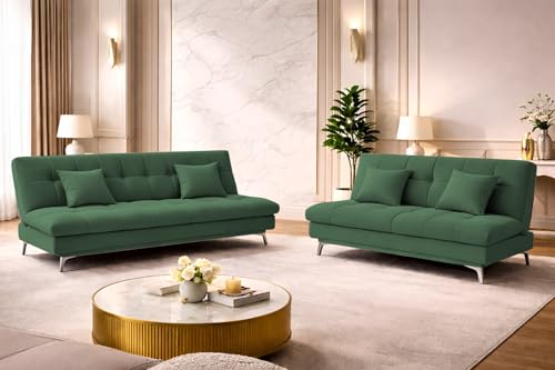 Image of Krancy Solid Wood 3 + 2 Seater Sofa Cum Bed with 2 Cushions | Convertible Wooden Couch for Living Room, Home & Office | Modern Designer Furniture | 3 Years Warranty | Green