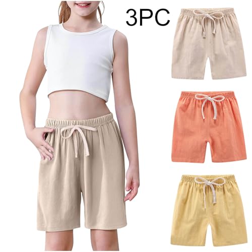 3 Pack Girls Boys Athletic Shorts Drawstring Cotton Linen Bermuda Shorts Elastic Waist Sports Shorts for Kids Teens2
