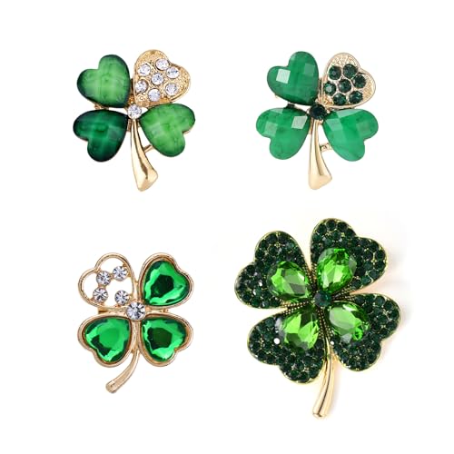 Image of 4 Leaf Clover Brooch Pin for Women St Patricks Day Accessories,Green Crystal Rhinestone Irish Shamrock Clover Pin Brooch Lucky Decor Dress Accessories St Patrick's Day Holiday Christmas Jewelry Gift