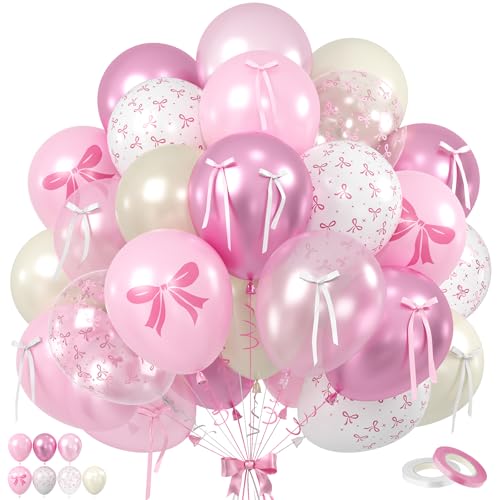 Image of Pink Bow Balloons, 60PCS Double Stuffed Pearl White Light Pink Balloon, 12 Inch Pastel Pink White Bow Printed Balloons with Ribbon for Girls Birthday Baby Shower Wedding Coquette Party Decorations