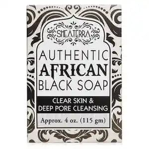 Shea Terra Authentic African Black Soap Bar, Natural Exfoliating Soap for Firm, Blemish-Free Skin, Natural Soap for Women and Men, Infused with Cocoa Pod Ash, Plantain Peel Ash and Palm Kernel Oil