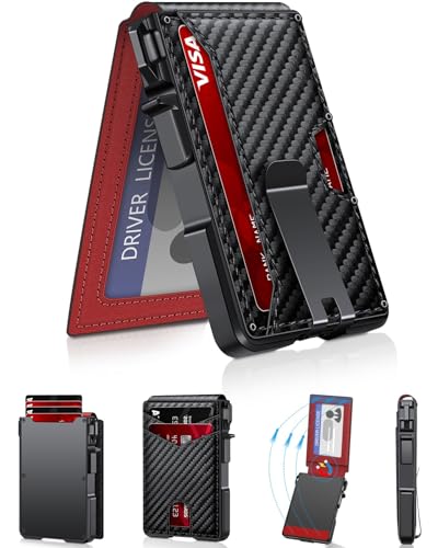 Wallet for Men, Mens Minimalist Wallet 9-13 Cards, Slim Compact Wallet with Money Clip & ID Window, RFID Blocking Smart Pop Up Card Wallet, Metal Aluminum Credit Card Holder Leather Bifold Wallet