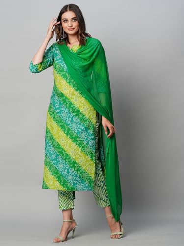 Image of GoSriKi Women's Cotton Blend Printed Straight Kurta with Pant & Dupatta