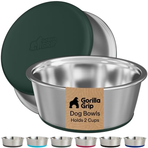 Image of GORILLA GRIP Dog Bowls, Food Grade 304 Stainless Steel, Holds 2 Cups Each (16 fl oz) Food and Water Bowl for Feeding Dogs and Cats, Dishwasher Safe, Rust Resistant, BPA Free Rubber Base Set of 2 Green