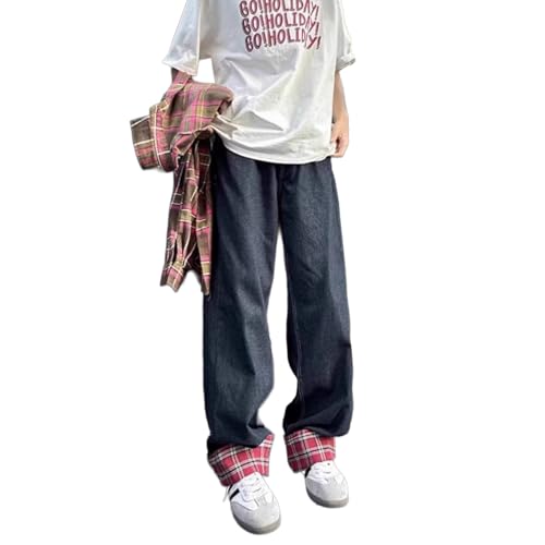 Baggy Jeans Men Casual Two Tone Wide Leg Denim Pants Color Block Plaid Parachute Streetwear for Skater Jeans