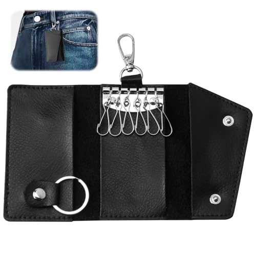 Leather Key Case, Small Leather Keychain Bag Prevent Loss Triple Folded Multifunctional Leather Key Holder Pouch with 6 Hanging Buckle Hooks and 1 Fob Holder Gift for Men Women for Mother Father Day