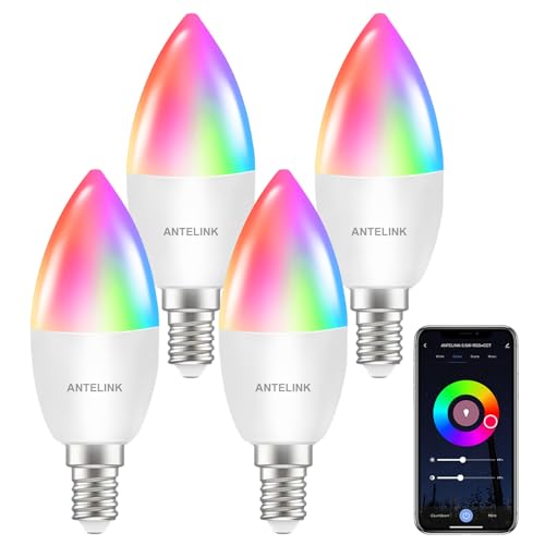 ANTELINK Lampadina Alexa E14 Wifi Dimmerabili, 5,5W 400 Lm 40W Equivalente, Lampadina Led Smart RGBCW 2700K-6500K, Compatibile con Alexa e Google Home, 4 pezzi