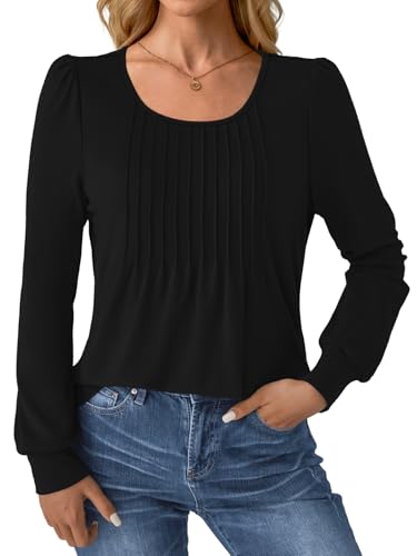 GKBK Women Long Sleeve Shirts Fall Tops Dressy Pleated Scooped Neck Tunic Tops for Leggings Black M - image 2