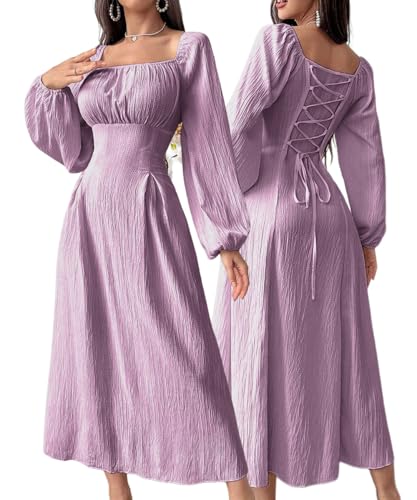 Narecte Fall Dresses for Women Elegant Long Sleeve Maxi Dress Square Neck Back Tie Casual Dresses