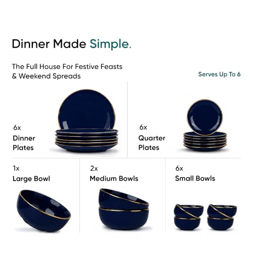 Image of Shay Ceramic Dinner Set, 21 Pcs, Blue Gold | Shay Goldline Series | Crockery Set for Dining Table | Dining Sets Crockery Items | Glossy Finish | Premium Ceramic (Blue Gold, 21 Pieces)