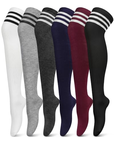 Chalier Cozy 6 Pairs Womens Knitted Thigh High Socks Soft Stretch Long Knee High Socks Casual Gift Socks for Girls and Women One Size (White gray Navy Blue Wine Red Black)