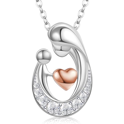 NORBU Mothers Day Gifts S925 Sterling Silver Mother Daughter Necklaces Mom and Child Heart Cubic Zirconia Necklace Mom Pendant Necklaces for New Mum Grandma Wife Women